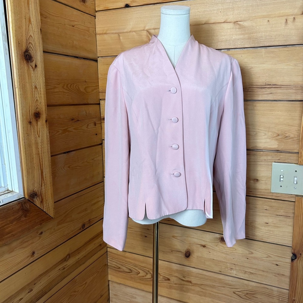 Vintage Silk Blazer Womens Size 14 Light Pink Collarless Jacket Blouse Talbots